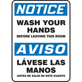 Accuform SBMRST803VP Plastic Spanish Bilingual Sign,"Notice WASH Your Hands Before Leaving This Room/Aviso LAVESE LAS Manos Antes DE SALIR DE ESTE CUARTO", 14" x 10" x 0.055 ", Blue/Black on White