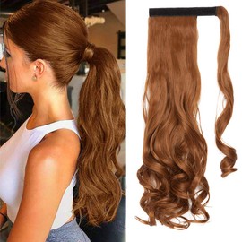 Clip in Ponytail Extension Wrap Around for Women Long Synthetic Natural Wavy Curly Hair Pony Tail Hair Extensions 17 inch Light Auburn