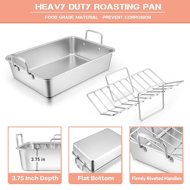 Leonyo Large Turkey Roasting Pan with V-shaped Rack, Rectangular 16