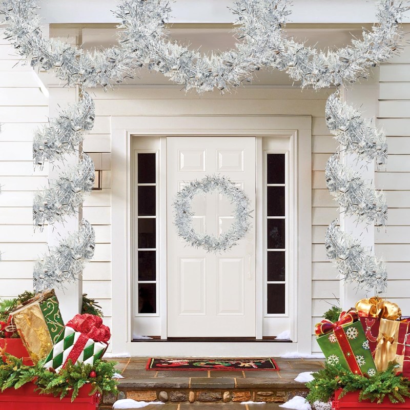 KINGLAKE Christmas Tinsel Garland, 10M x 9CM Silver Xmas Shiny