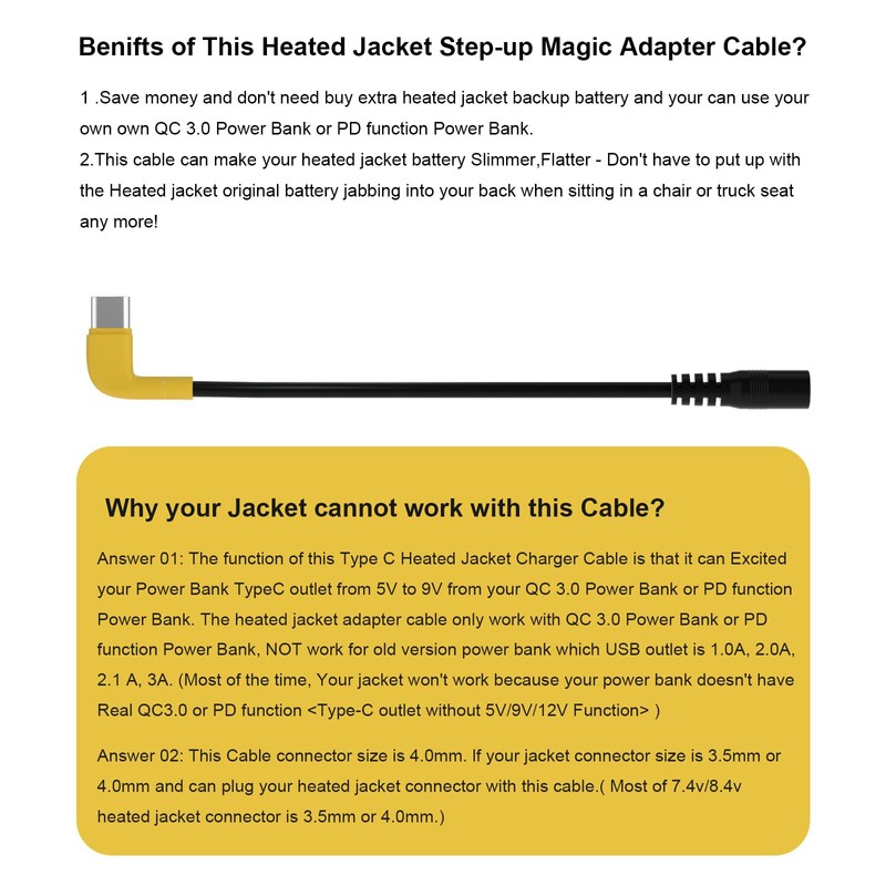 9V Heated Jacket Battery Step-Up Adapter Charger Cable for 7.4V