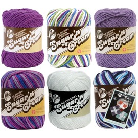 Variety Assortment Lily Sugar'n Cream Yarn 100 Percent Cotton Solids and Ombres (6-Pack) Medium Number 4 Worsted Bundle with Four Square Dishcloth Pattern