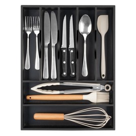 Bellsal Bamboo Silverware Drawer Organizer, Utensil Kitchen Drawer Organizer, Utensil Holder Cutlery Tray with Grooved Drawer Dividers for Kitchen Utensil and Flatware Bedroom Office (7 Slot, Black)