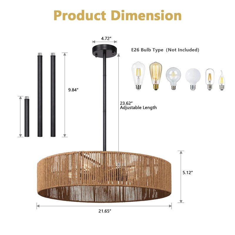 Cunfash 6-Light Black Boho Rattan Semi-Flush Mount Ceiling Light, Farmhouse
