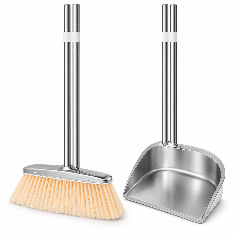 willstar Stainless Steel Broom and Dustpan Set, Long Handle Upright