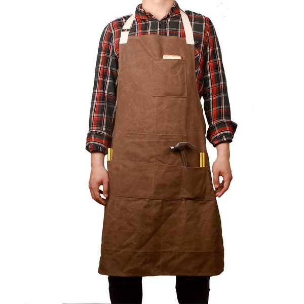 Tool Apron for Men with 6 Pockets, Heaavy Duty Carpenters Apron Pottery Apron in Waxed Canvas, Waterproof Tool Aprons Fit Kitchen, Garden, Pottery, Workshop, Crafts Work, Gifts for Men Dad Husband
