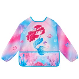 Mermaid Toddler Smock - Kids Art Smocks for Girls Ages 3-8 Waterproof Painting Artist Smocks Eating Cooking Baking Gardening Chef Apron for Kids with Long Sleeve and 3 Pockets Toddlers Paint Smock