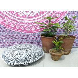 INDIAN CRAFT CASTLE 24" Grey Ombre Mandala Barmeri Large Floor Pillow Cover Cushion Meditation Seating Ottoman Throw Cover Hippie Decorative Zipped Bohemian Pouf Ottoman Pom Pom Cases 24" Round