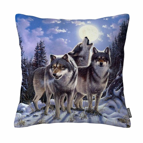 GSRONY Wolves Pillow Cover, Wild Wolf in Winter Forest With Full Moon Pillow Cases 18X18 Inches Cotton Linen(Twin Sides)