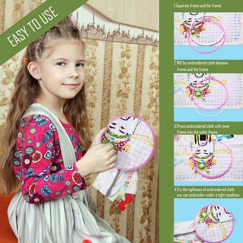 Caydo 6 Pieces Embroidery Hoops and 15 Needles, Plastic Circle