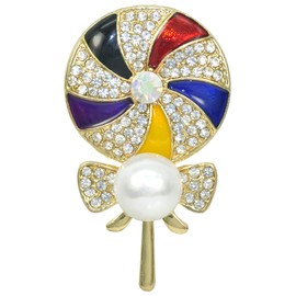 Gyn&Joy Golden Tone Clear Crystal Rhinestone Enamel Faux Pearl Lollipop Candy Brooch Pin Lapel Pin BZ160