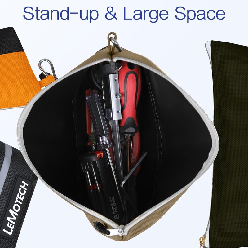 LeMotech Zipper Tool Bag with Carabiners, Water Resistant Stand-Up Utility