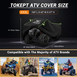 Tokept ATV Cover Waterproof, Heavy Duty Windproof Quad Covers, All Weather Protection 4 Wheeler Covers, Premium Accessories fit for Kawasaki, Honda, Polaris, Yamaha, 100'' (Black, XXXL)