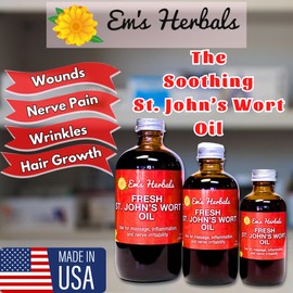 Em's Herbals Fresh St. John’s Wort Oil - Wild Harvested in USA, Natural Solution for Nerve Discomfort, Skin Eruptions, Wound Care, Scar, and Stretch Marks - Skin, Face, Body, Hair, Massage Oil (8 Oz)