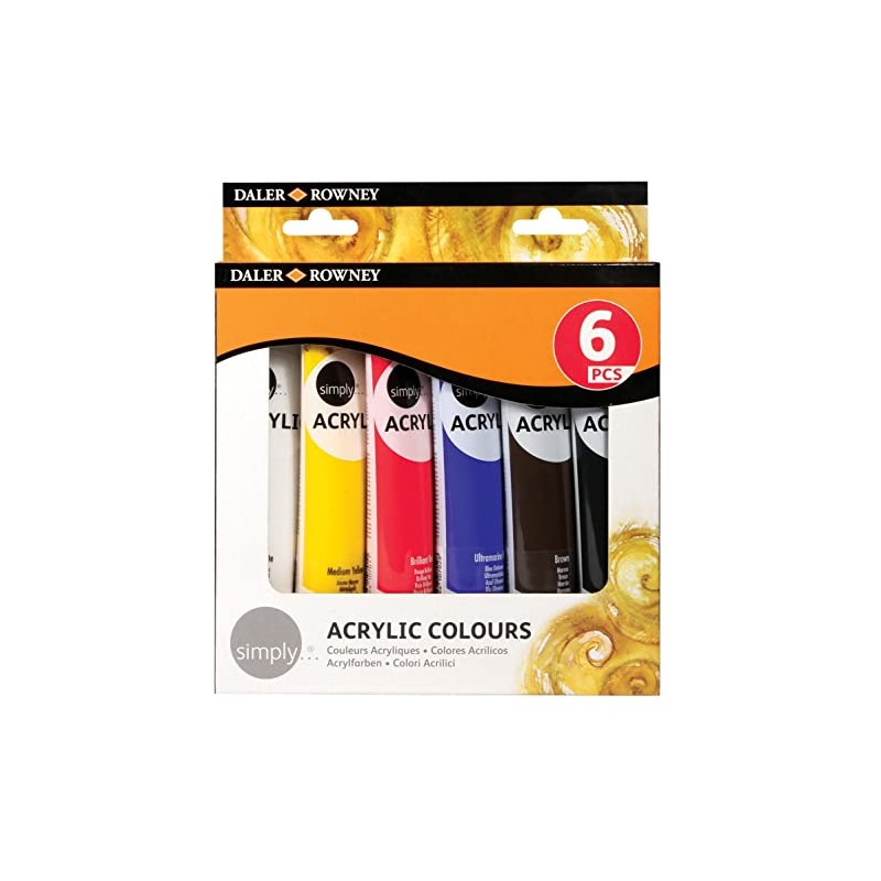 Daler-Rowney Simply 75ml Acrylic Paint Set, 6 Assorted Colours, Ideal