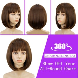PHOENIXFLY Short Brown Bob Wig With Bangs -12 Inch Natural Fashion Bob Wigs for Women, Cute Colored Synthetic Wig for Daily Party Halloween (Brown, 12 Inch)