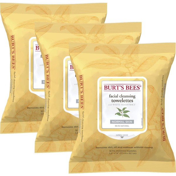 Burt's Bees Sensitive Facial Cleansing Towelettes with White Tea Extract - 30 Count (Pack of 3)