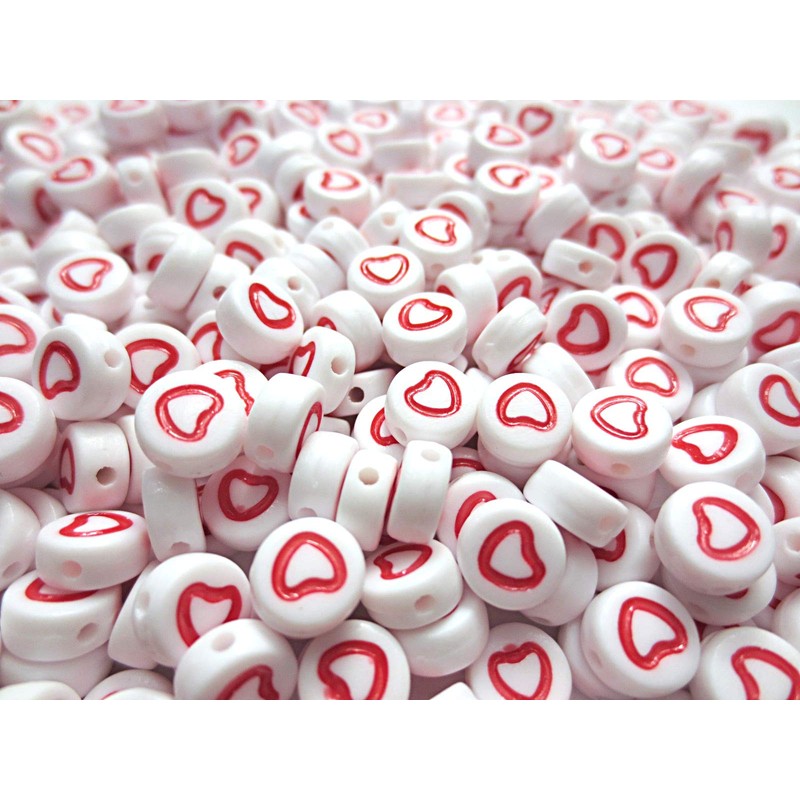500pcs Heart Beads Round Flat White & Red 7mm Craft