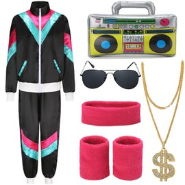 80s Outfit, Men's, Women's Costume, Tracksuit, Pop Art, Retro Style Costume, Accessories Set with Inflatable Radio, Sunglasses, Necklace, Sweatband Set for Theme Party, Fancy Dress, Black, 15L
