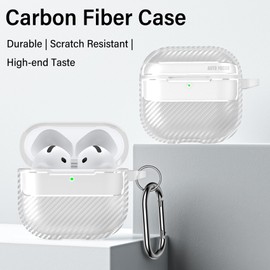 Fofvccv for AirPods 4th Generation Case 2024, Carbon Fiber Texture Case for AirPods 4 Gen with Carabiner Keychain, Military Shockproof Wireless Cover for AirPods 4 XW Clear