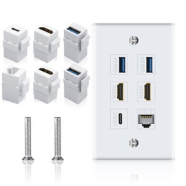 Poyiccot Outlet Wall Plate for HDMI Ethernet & USB 3.0 & Type C, 6Port 2x HDMI HDTV + 2x USB 3.0 +1x Cat6 RJ45 Ethernet + 1x Type C Keystone Connector for Cable Wall Plate Cover, White