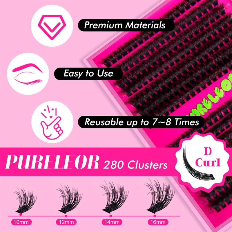 PURELEOR Cluster Lashes 50D Curl Individual Clusters Lash Mega Volume