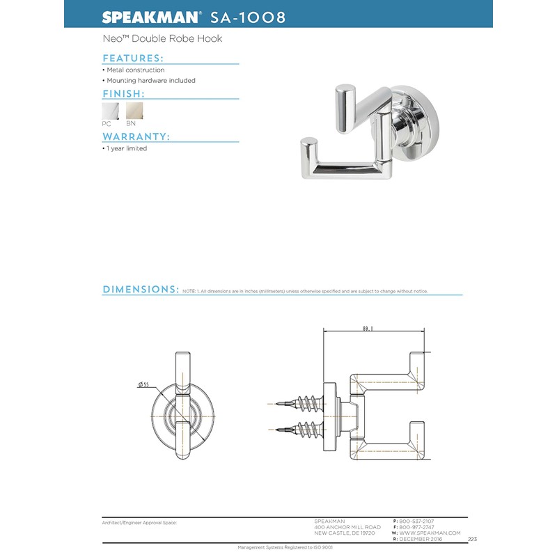 Speakman SA-1008 Neo Double Robe Hook, Polished Chrome