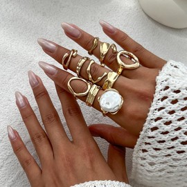 MIFYNN 12PCS Chunky Gold Rings for Women Baroque Pearl Ring Set Adjustable Chunky Thread Knuckle Ring Trendy Dainty Open Midi Rings Set Stackable Statement Jewelry for Bridal Wedding Gift, Metal, No