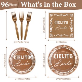 Ambercalm 96 Pcs Cielito Lindo Baby Shower,Mexican Theme White Talavera Tableware Baby Shower Party Decoration Paper Plates and Napkins Sets,Cielito Lindo Party Decoration