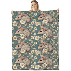 cromcu Rat Blanket for Kids and Adults, Cute Mouse and Daisy with Blue Background Blankets, Soft Lightweight Throw for Sofa, Bed, Traveling, Camping Decor Gifts, Single-Sided Printing, 50x60 Inches