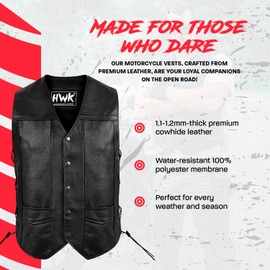 HWK Leather Motorcycle Vest for Men and Women with Concealed Carry Gun Pocket, Black Genuine Leather Vest with 100% Polyester Lining for All-Weather Enduro Motocross Motorbike Riding, XL