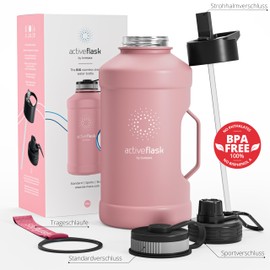 BeMaxx Trinkflasche Edelstahl ACTIVE FLASK + Strohhalm (3 Deckel) | Große 2,2 Liter Sportflasche BPA-frei Auslaufsicher Kohlensäure geeignet, 2l XL Wasserflasche Sport Outdoor Fitness Wasser Flasche