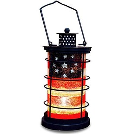 Decorative Candle Lantern Hanging Patriotic Decor, Rustic Metal Lantern Candle Holder American Flag Decorative Lantern Tabletop Lantern