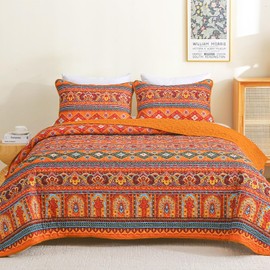 Heymybed Boho Quilt Set Queen Size, Bohemian Striped Bedspread Coverlet, 3 Pieces Lightweight Soft Microfiber Reversible Orange Quilt Bedding Set for All Season 96"×90"