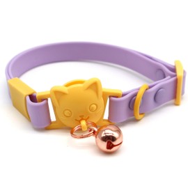 PICKLE WICKLE PET - Breakaway Safety Waterproof Cat Collar - PVC Coated Nylon - Quick-Release Clasp - Lightweight - Soft & Comfortable - Wildlife Bell - 23cm-33cm Adjustable Fit (Purple/Yellow)