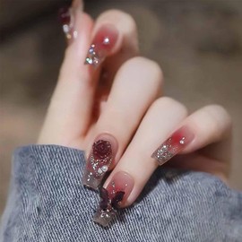 24Pcs Press on Nails Red Butterfly Fake Nails Artificial Glossy 3D Rose False Nails Full Cover Fake Nail Glue on Nail for Women with Flower Design Removable Acrylic Nail Daily Wear DIY Design