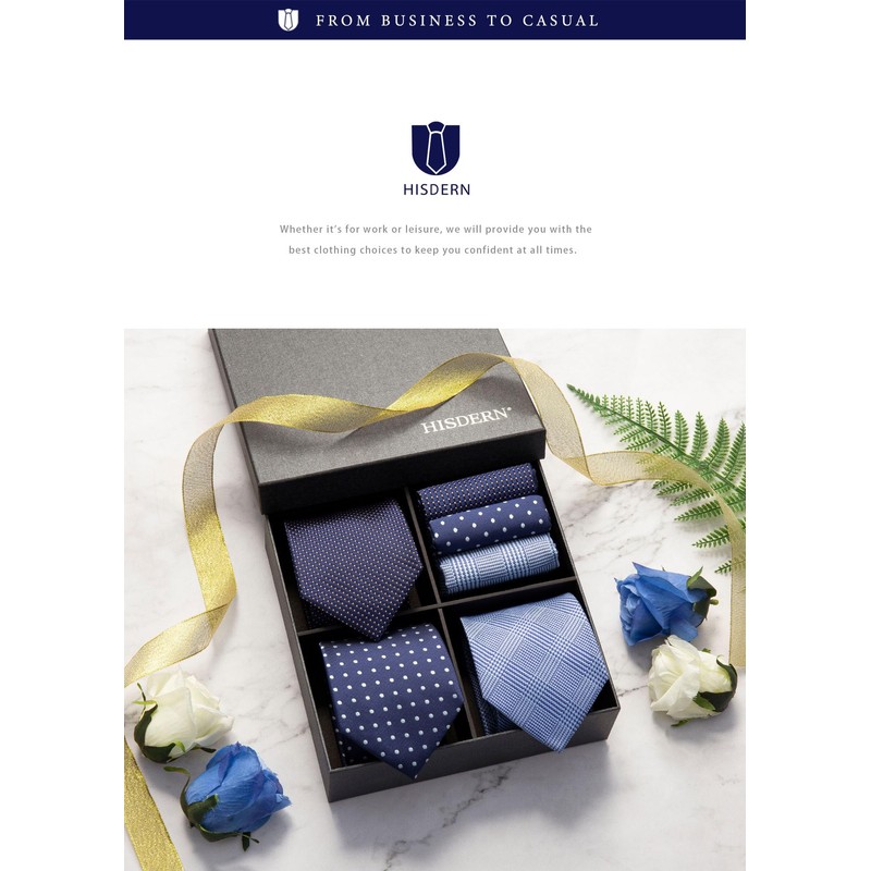 HISDERN TA3-01S Set of 3 Neckties and Pocket Squares, Luxury
