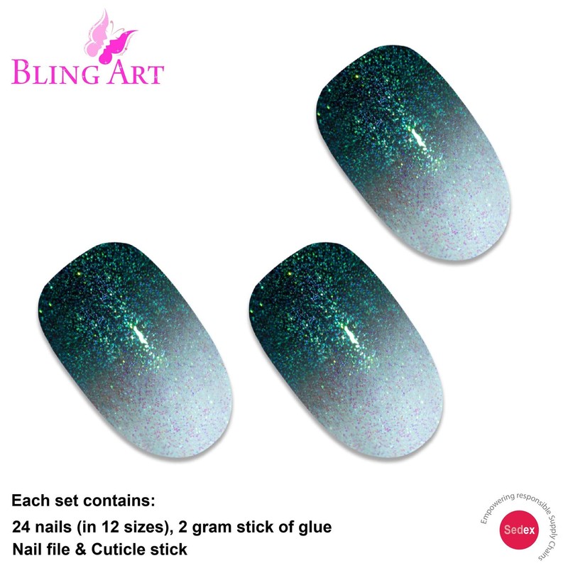 False Nail Bling Art Black Gel Ombre Oval 24 False