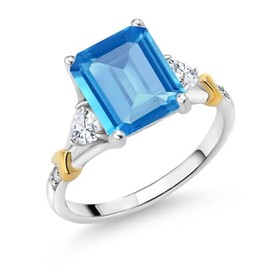 Gem Stone King 925 Silver and 10K Yellow Gold Swiss Blue Topaz and Moissanite and Diamond Engagement Ring For Women (4.34 Cttw, Emerald Cut 10X8MM, Trillion 3.5MM) (Size 9)