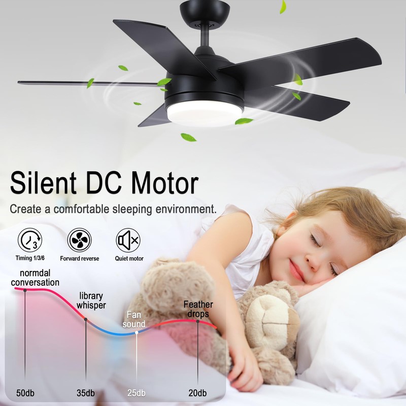 YUHAO 44 inch Black Ceiling Fan with Lights and Remote