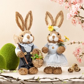 com-four® 2 x Handmade Straw Easter Bunny - Decorative Easter Bunny for Easter Decoration - Straw Figures for Easter - Decorative Rabbit Made of Straw - Handmade Rabbits (02 Pieces - Blue/White Check)