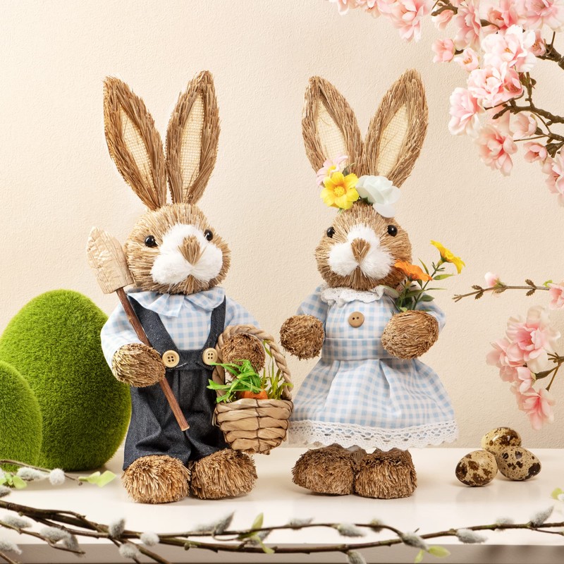 com-four® 2 x Handmade Straw Easter Bunny - Decorative Easter