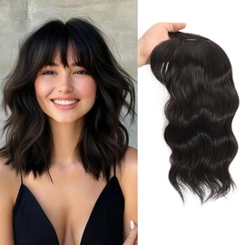 TYQ Hair Toppers for Women with Thinning Hair 14 Inch, 360° 3D Synthetic Curly Wavy Wispy Clip in Bangs(Brown Black)