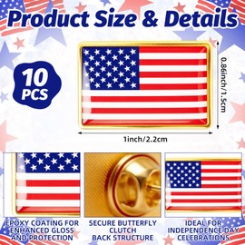 10 Pack USA Flag Lapel Pins, American Enamel Badges with Gold Trim for Independence Day, Patriotic Events, Office, Suit Jacket, Backpack, or Hat Decoration
