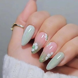 RikView Almond Press on Nails Medium Fake Nails Green Nails with Flowers Design Glossy Full Cover Nails for Women 24 PCS
