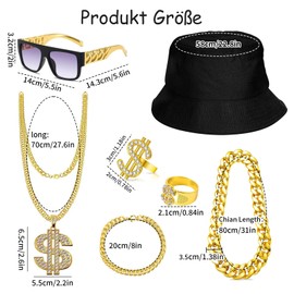 Pack of 7 Costume, 70s 80s 90s Costume Men, Golden Rapper Hip Hop Costume with Dollar Chain Gold Ring Men's Sunglasses Men's Fishing Hat for Cosplay Carnival Fancy Dress Theme Party, gold