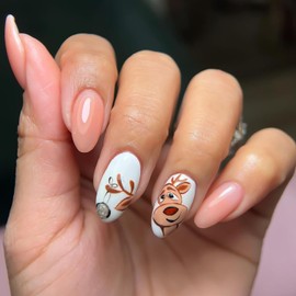 24 Pcs Christmas Fake Nails Almond Press on Nails Medium Nails Glossy Light Orange False Nails with Cute Cartoon Reindeer Pattern Designs Full Cover Christmas Press on Nails for Women and Girls