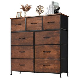 Sweetcrispy Dresser with 9 Drawers for Bedroom, Fabric Dresser Storage Tower, Chest of Drawers Organizer Unit, Storage Cabinet for Hallway, Closets, Steel Frame, Wood Top, Modern Brown