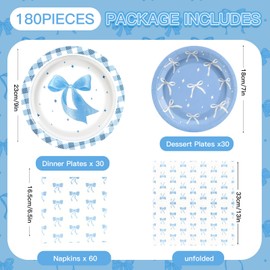 180Pcs Blue Bow Party Supplies Paper Plates and Napkins Serve 60 Disposable Tableware Set for Birthday Party Decorations Game Day Family School Holiday Sports Events