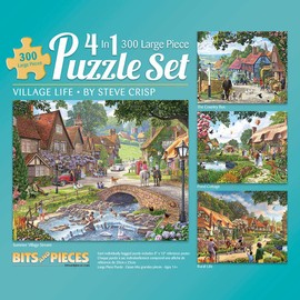 Bits and Pieces - 4-in-1 Multi-Pack - 300 Piece Jigsaw Puzzles for Adults-Each Measures 16" x 20" (46cm x 61cm)-Village Life by Artist Steve Crisp